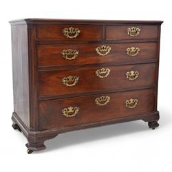 George III mahogany chest, canted rectangular form, moulded top over two short and three l...