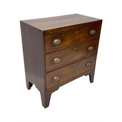 George III mahogany chest, rectangular ebony strung top, fitted with three graduating cock-beaded drawers with oval pressed brass handle plates and demi-lune handles, on tall bracket feet 