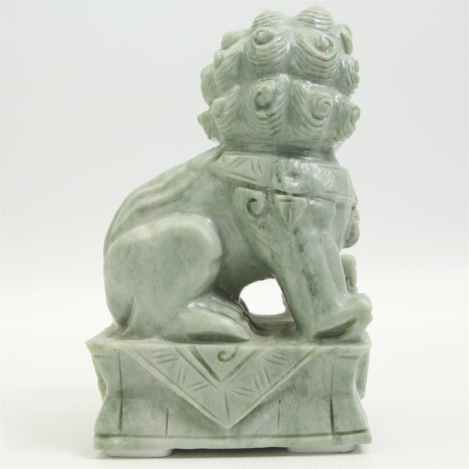 Pair of Chinese carved green stone temple lions, H17cm 