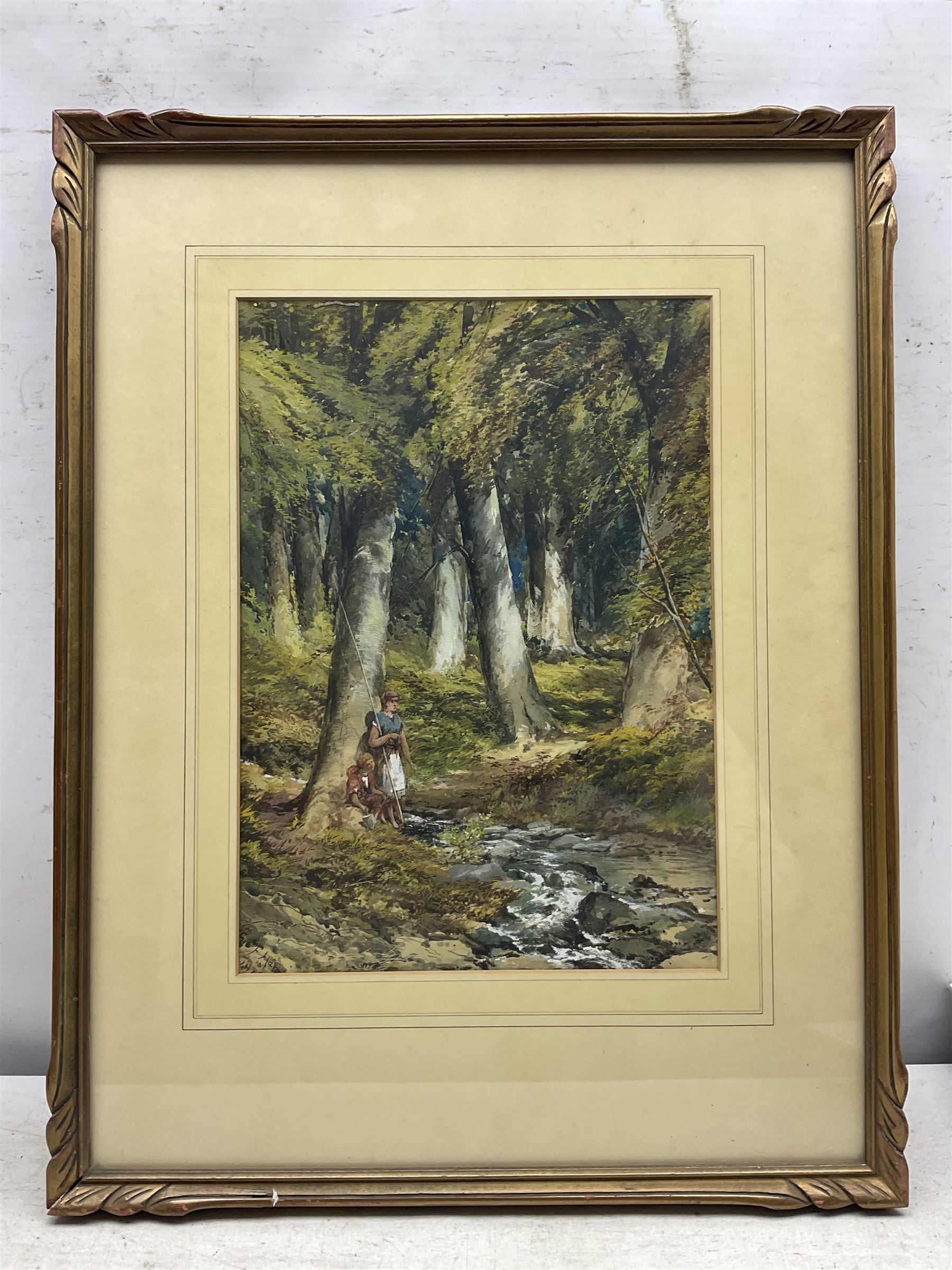 George F Hargitt (Scottish/Canadian 1837-1927): Woodland Stream with Children Fishing, watercolour and gouache signed and dated 35cm x 25cm
Provenance: from the Library of John Henry Birkenshaw (probably 1891-1948 Toronto) Canada, label verso