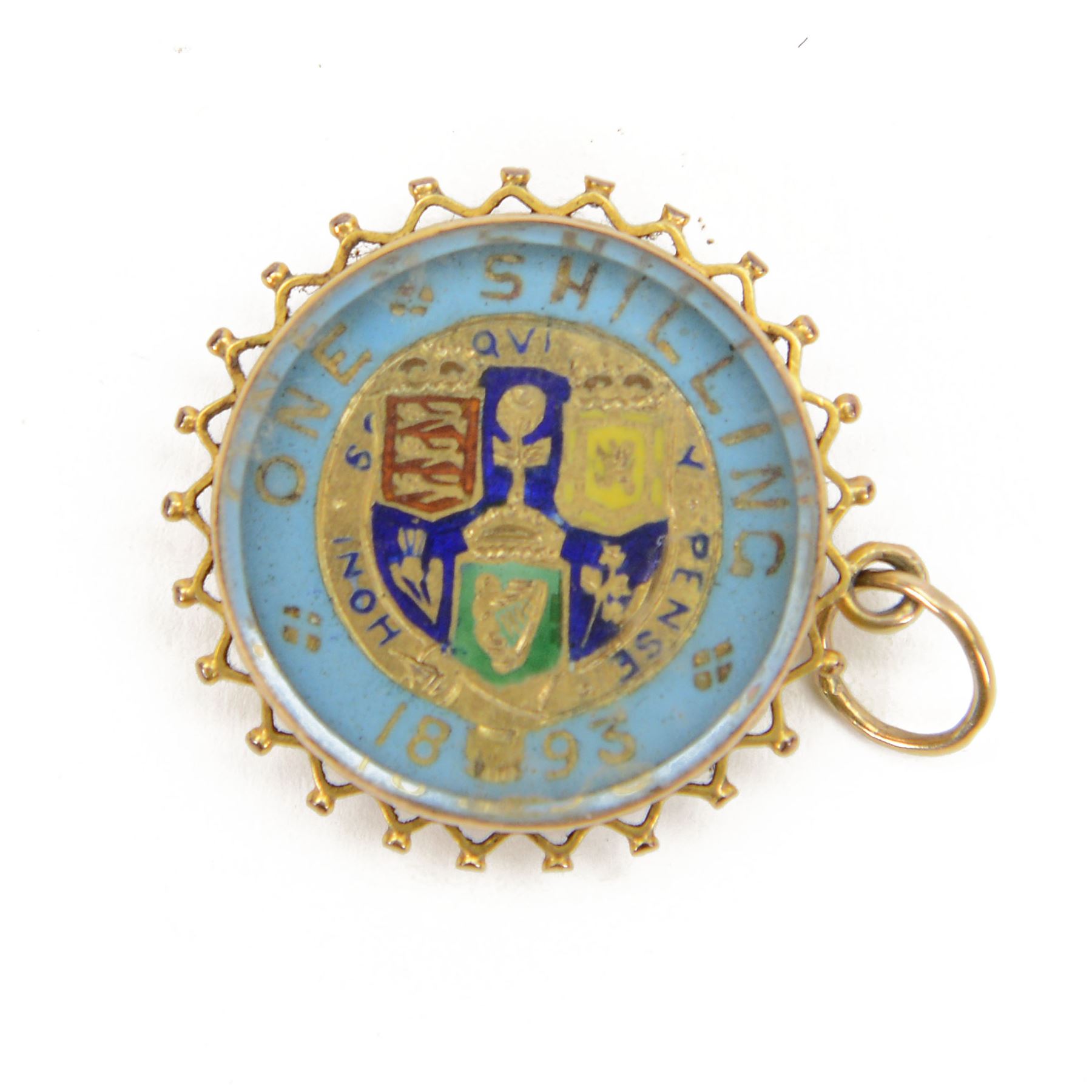 Enamelled and gilded Queen Victoria 1893 silver one shilling coin, in 9ct gold mount with glass front and back, loop mount to the top