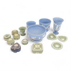 Wedgwood Jasperware pedestal bowl, together with two planters, flute vase and other Jasperware  