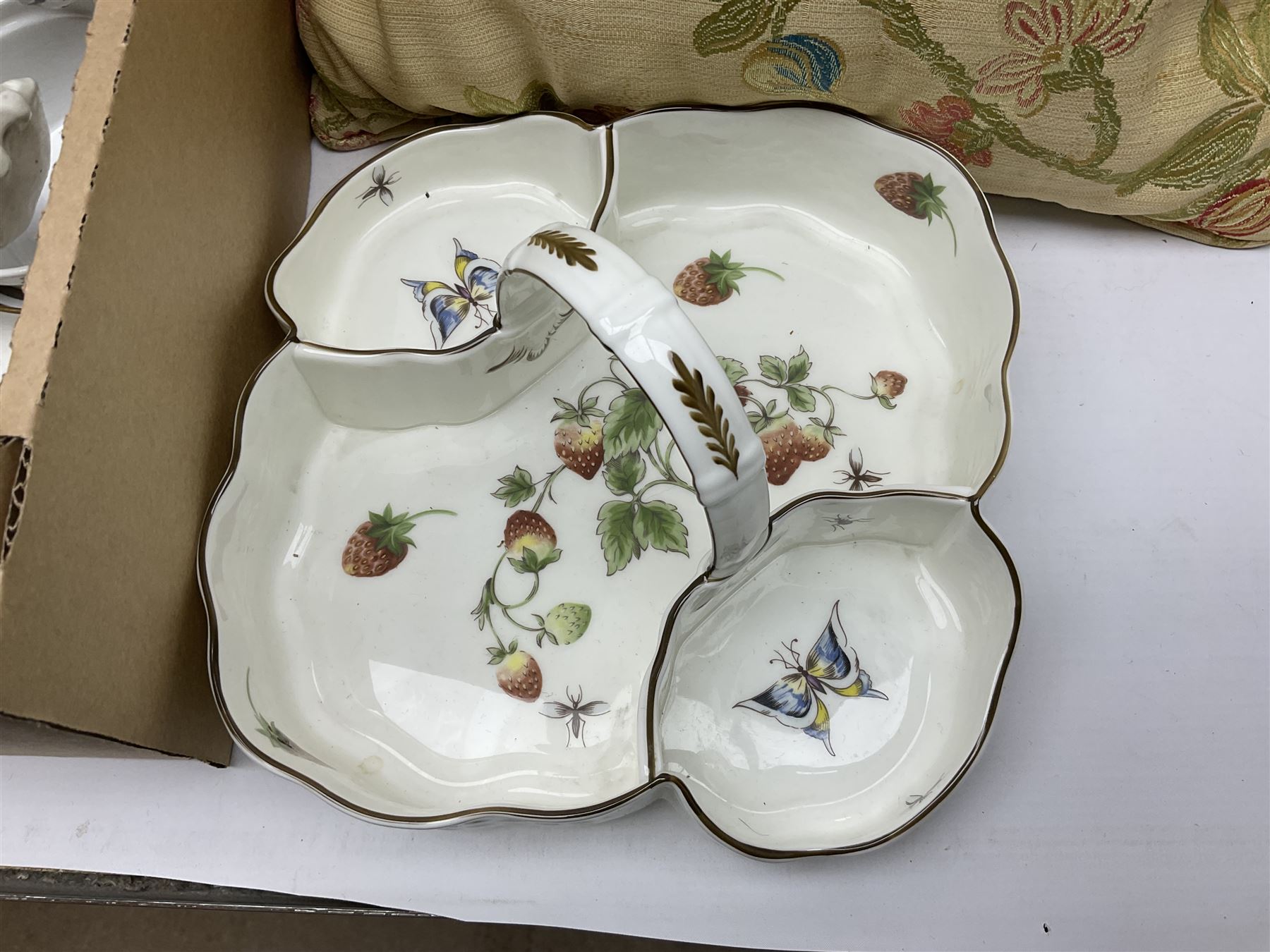 Coalport Strawberry basket, together with two Coalport cottages, Minton Haddon Hall trinket dish and other ceramics 