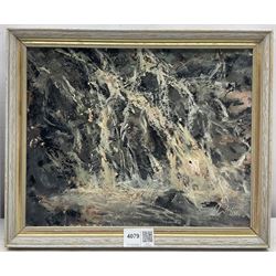 Watt (British 20th century): 'Hill Burn in Spate' and 'Cascades', pair impasto oils on board signed and dated 1984, max 23cm x 29cm (2)