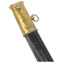 Reproduction 1870s French naval officers sword, with slightly curved single edge blade, brass hilt with dolphin quillon and anchor amidst a pierced floral hilt, wire bound grip, in brass mounted leather scabbard, overall L84cm