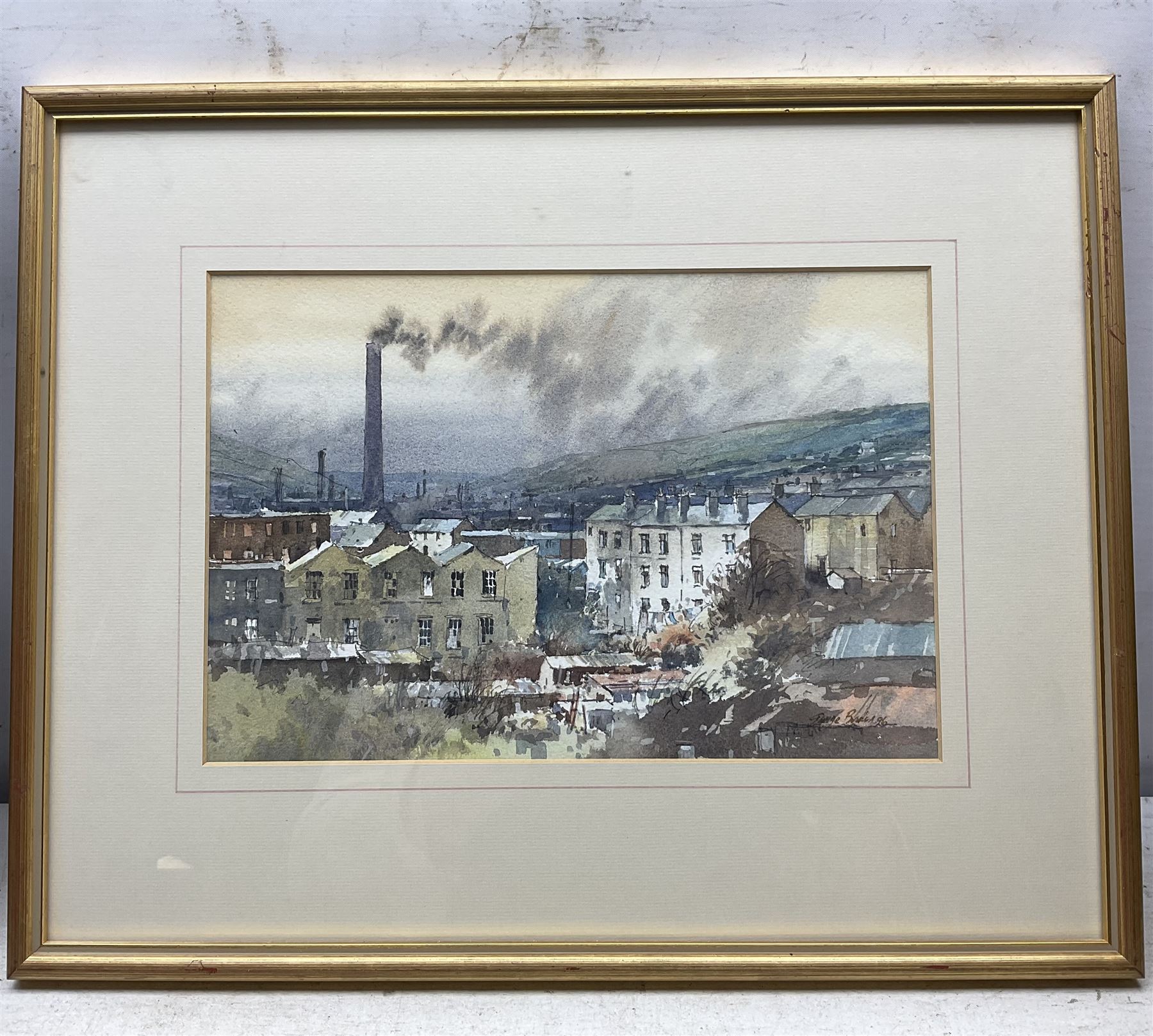 George Busby (British 1926-2005): 'Cold Light' - Mill Town Landscape, watercolour signed and dated '96, titled verso 19cm x 28cm