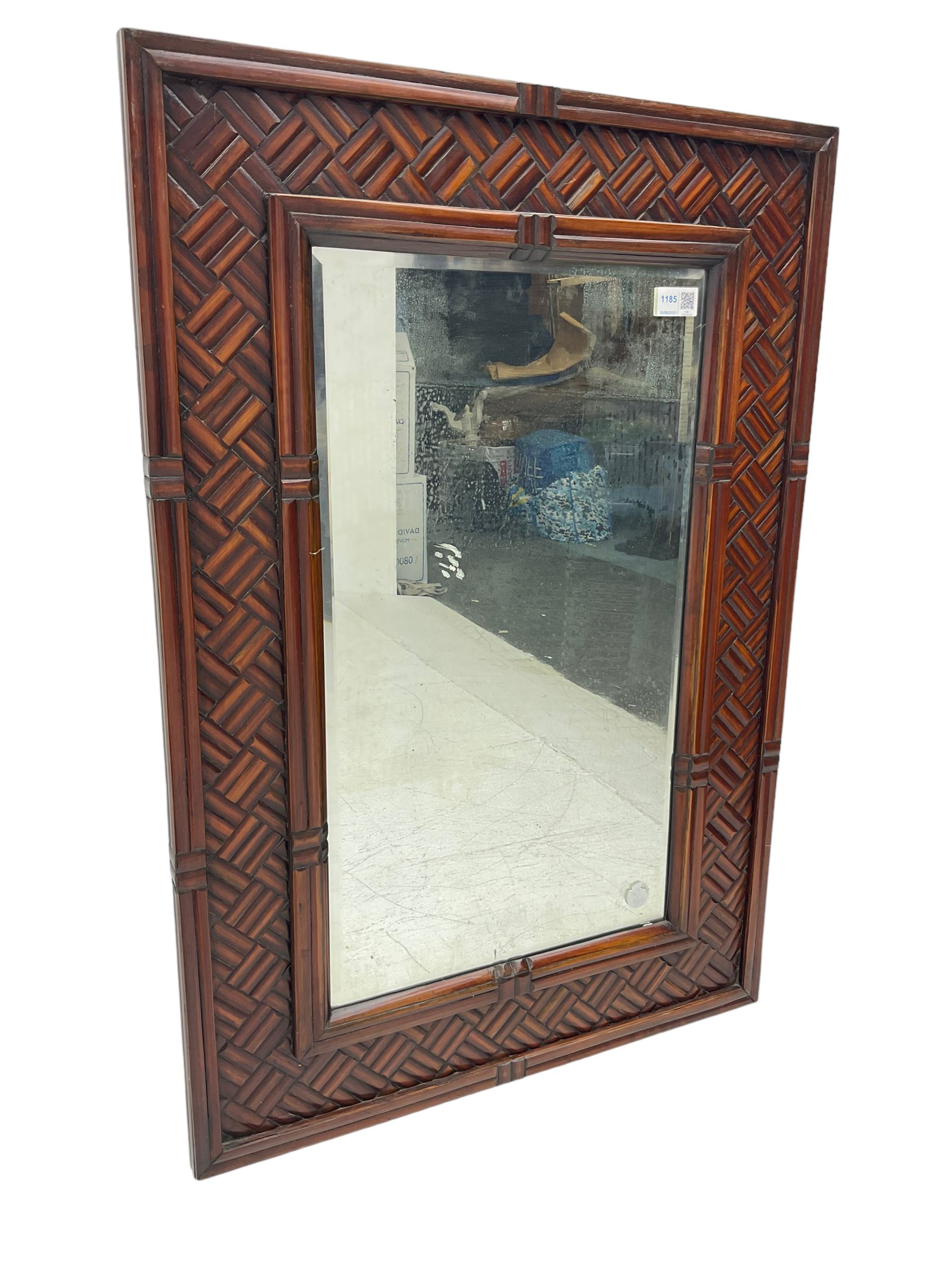 Chinese design bamboo and wood rectangular wall mirror, parquetry lattice-work bamboo, bevelled plate