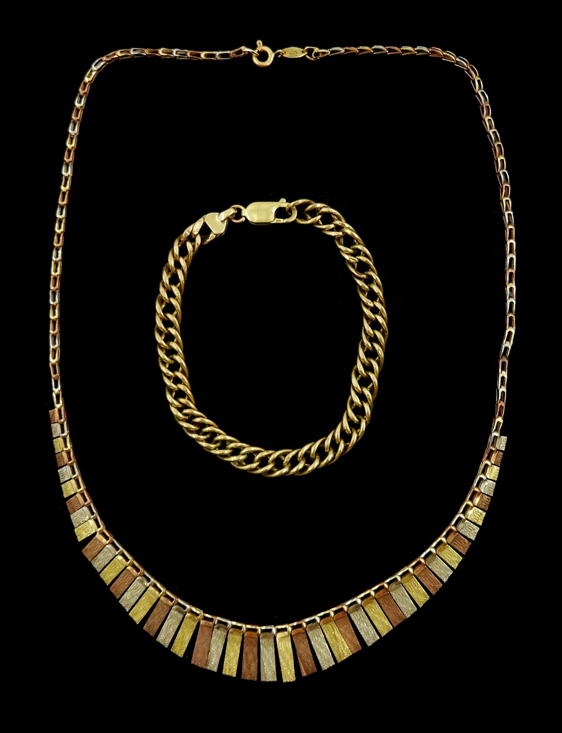 Gold tri-coloured fringe necklace and a gold bracelet, both 9ct