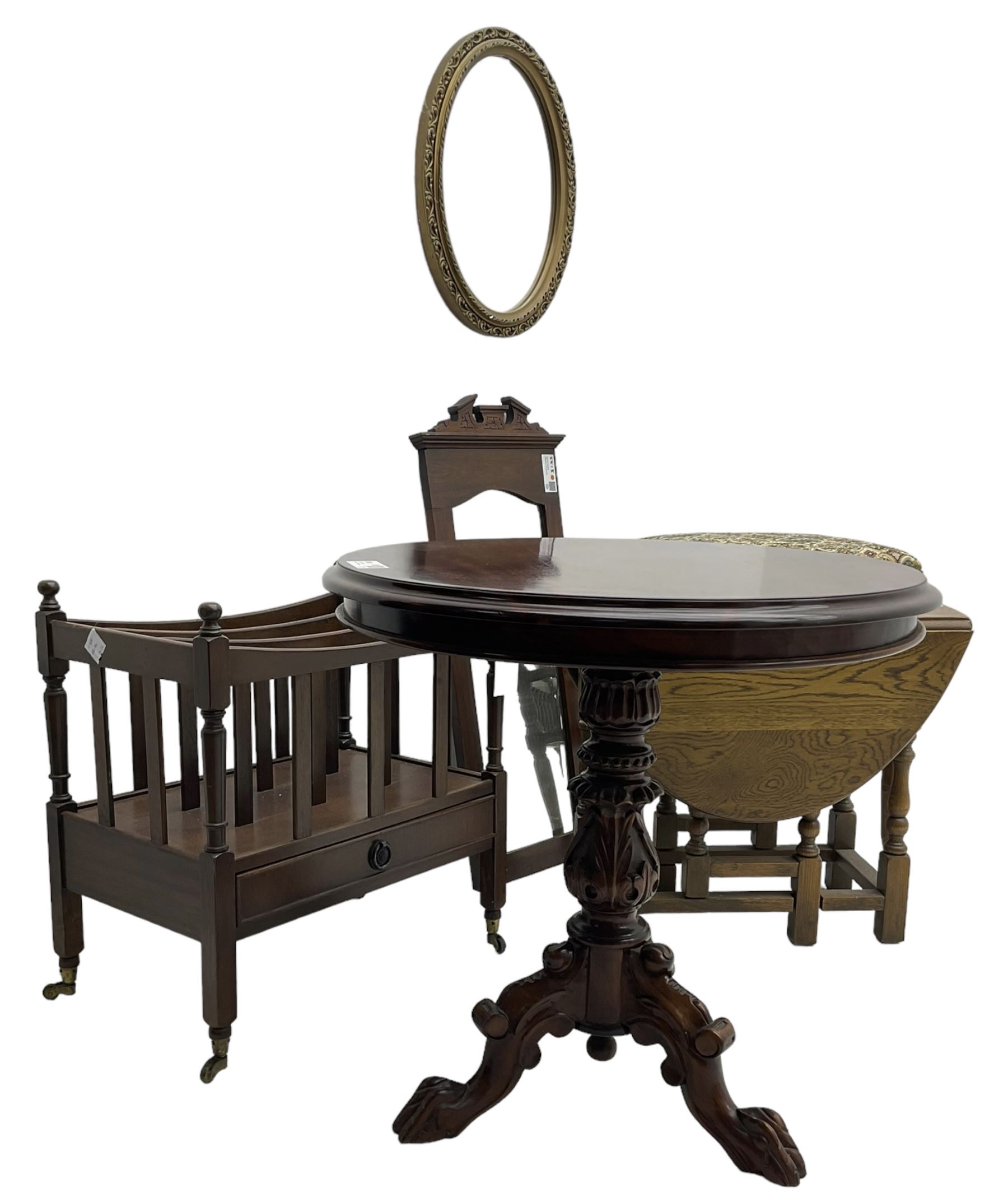 Late 20th century mahogany tripod table, circular moulded top on acanthus carved baluster pedestal, on three splayed supports (D60cm, H59cm); Georgian design mahogany Canterbury; late Victorian piano stool on turned supports; small oak drop-leaf occasional table; late Victorian narrow wall hanging mirror; oval gilt framed mirror (6) 