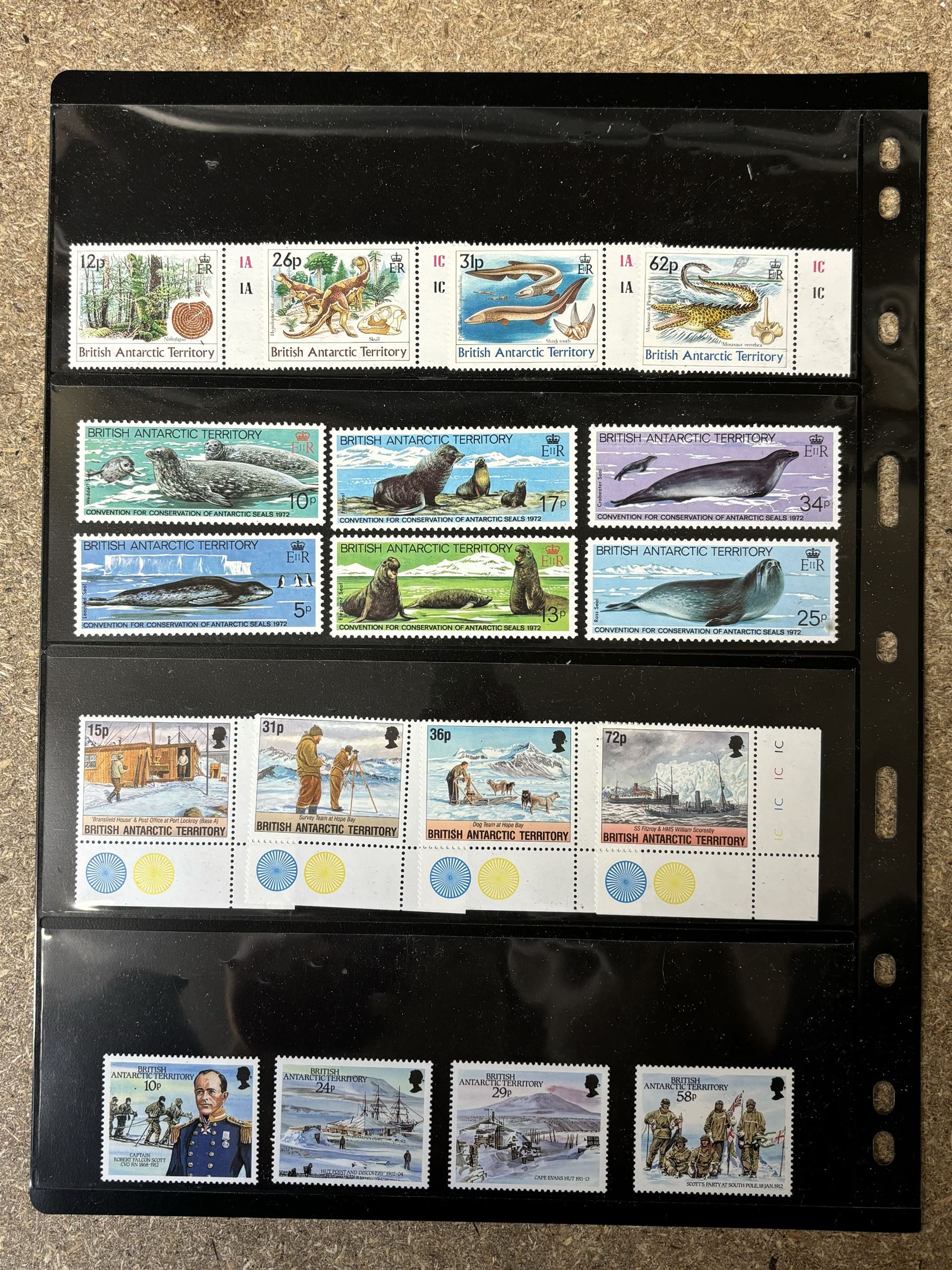 Queen Elizabeth II British Antarctic Territory mint stamps, including 1963-1969 SG 1 to 15a from half penny to both one pound values, 1993 SG 218-229 etc and a small number of Australian Antarctic Territory stamps, housed on stock pages