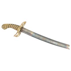 Georgian 1803 British general officer's scimitar, curving blade with traces of engraving, pierced brass hilt marked SL beneath, wire-bound fish skin grip with lion head pommel, overall L96cm