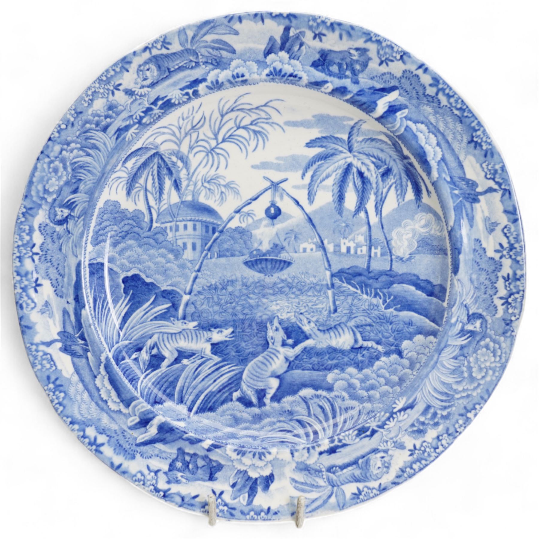 Two 19th century Spode 'Indian Sporting Series' blue and white transfer printed plates, comprising 'Death of the Bear' D25cm and 'Common Wolf Trap' D21cm (2)