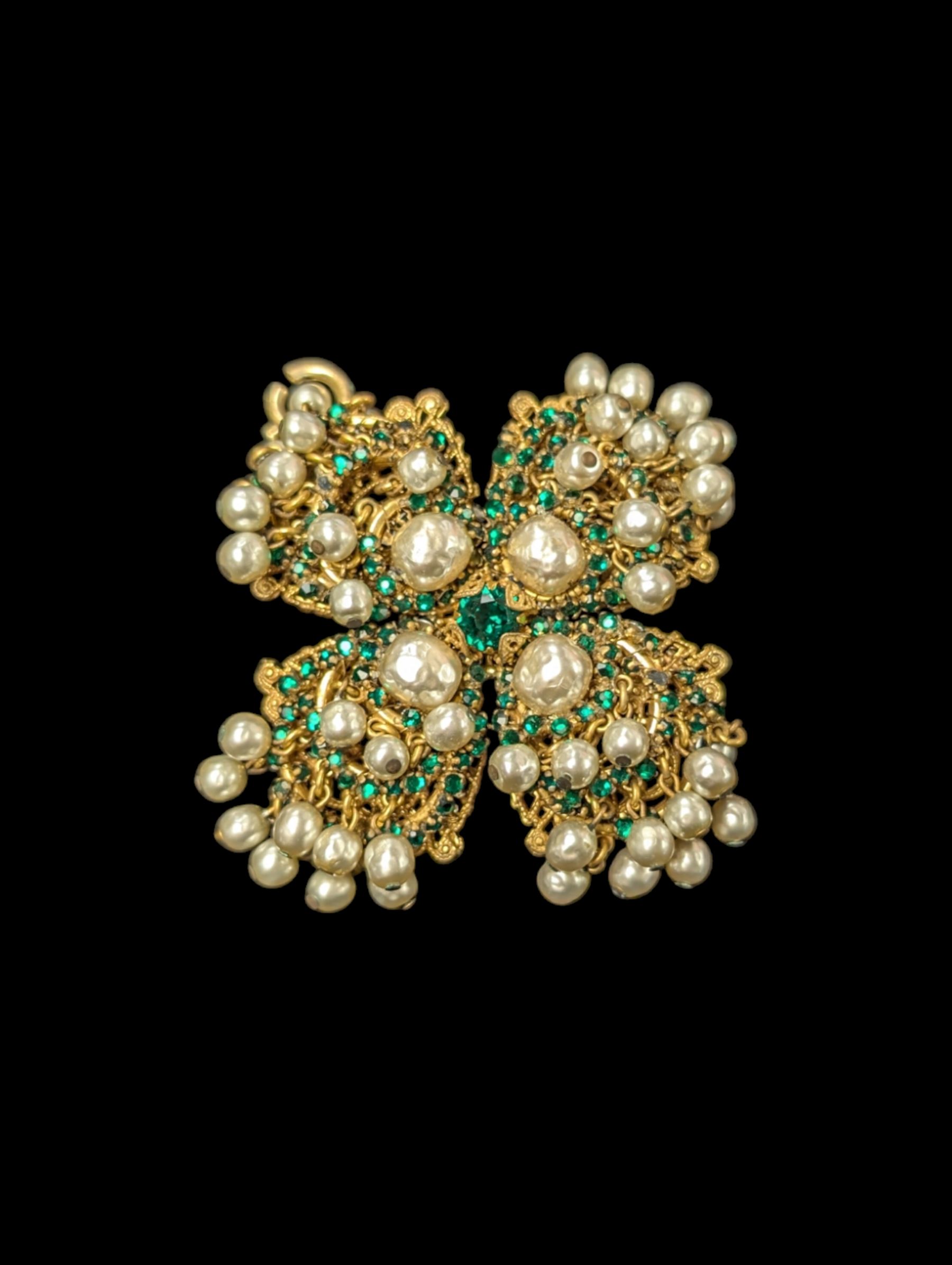 Miriam Haskell pearl and green paste gilt flower brooch, W6cm