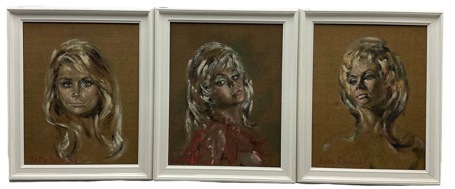 Betty Raphael (British 20th century): Portrait of a 60s Female, set three oils on hessian canvas signed 50cm x 39cm (3)