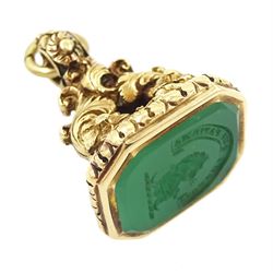 19th century 14ct gold floral and foliate seal fob, green onyx intaglio depicting a lion's...