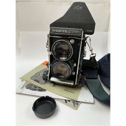 Mamiya C330 Professional F TLR camera, circa 1970s, serial no. D123535, with twin Mayima-Sekor 1:2.8 f=80mm lenses, serial nos. 891494 & 891276, with a Mayima C porrofinder