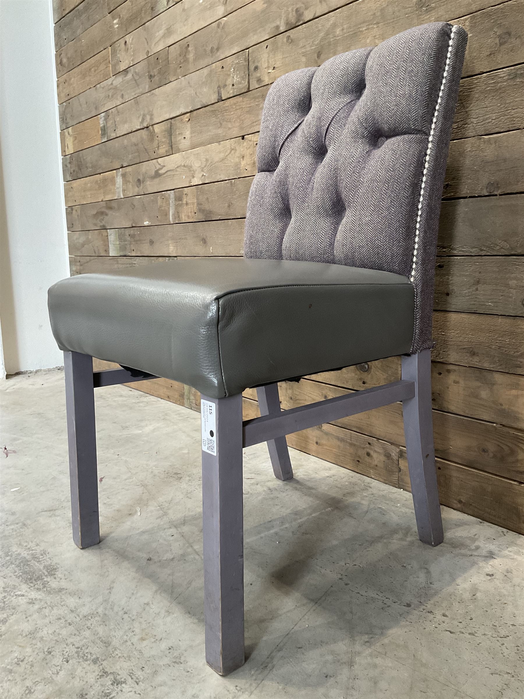 19 x dining chair upholstered in studded and buttoned tweed, painted leg