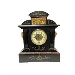 French - late 19th century 8-day Belgium slate mantle clock with incised decoration and contrasting rouge marble inlay, with a gilt repoussé panel to the front and cast cryatid to the sides, two part dial with a gilt centre, Arabic numerals, minute markers and brass fleur di Lis hands, twin train rack striking movement, striking the hours and half hours on a coiled gong. With pendulum. 