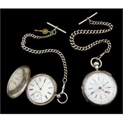 Victorian silver open face keyless decimal chronograph, No.54980, white enamel dial and out track numbered 25-300, dial dated Sept 15 1875, case by John Lecomber, Chester 1877 and a silver full hunter key wound lever pocket watch by Edwin Davies, Bradford, No. 169182, case by Philip Woodman & Sons, London 1875, both with silver Albert chains