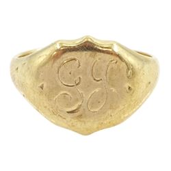 9ct gold shield signet ring, engraved with initials, London1963