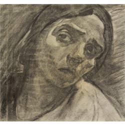 Continental School (Mid-20th Century): Portrait of a Fearful Woman, charcoal unsigned 29cm x 31cm 