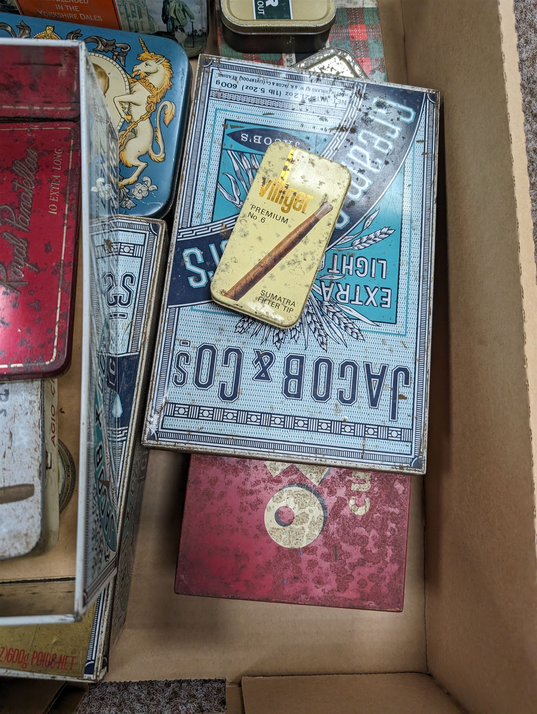 Collection of advertising tins, including Jacobs Crackers, OXO, Yorkshire Tea, etc