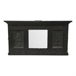 Victorian heavily carved oak wall mirror, lunette and foliage carved frieze over central b...