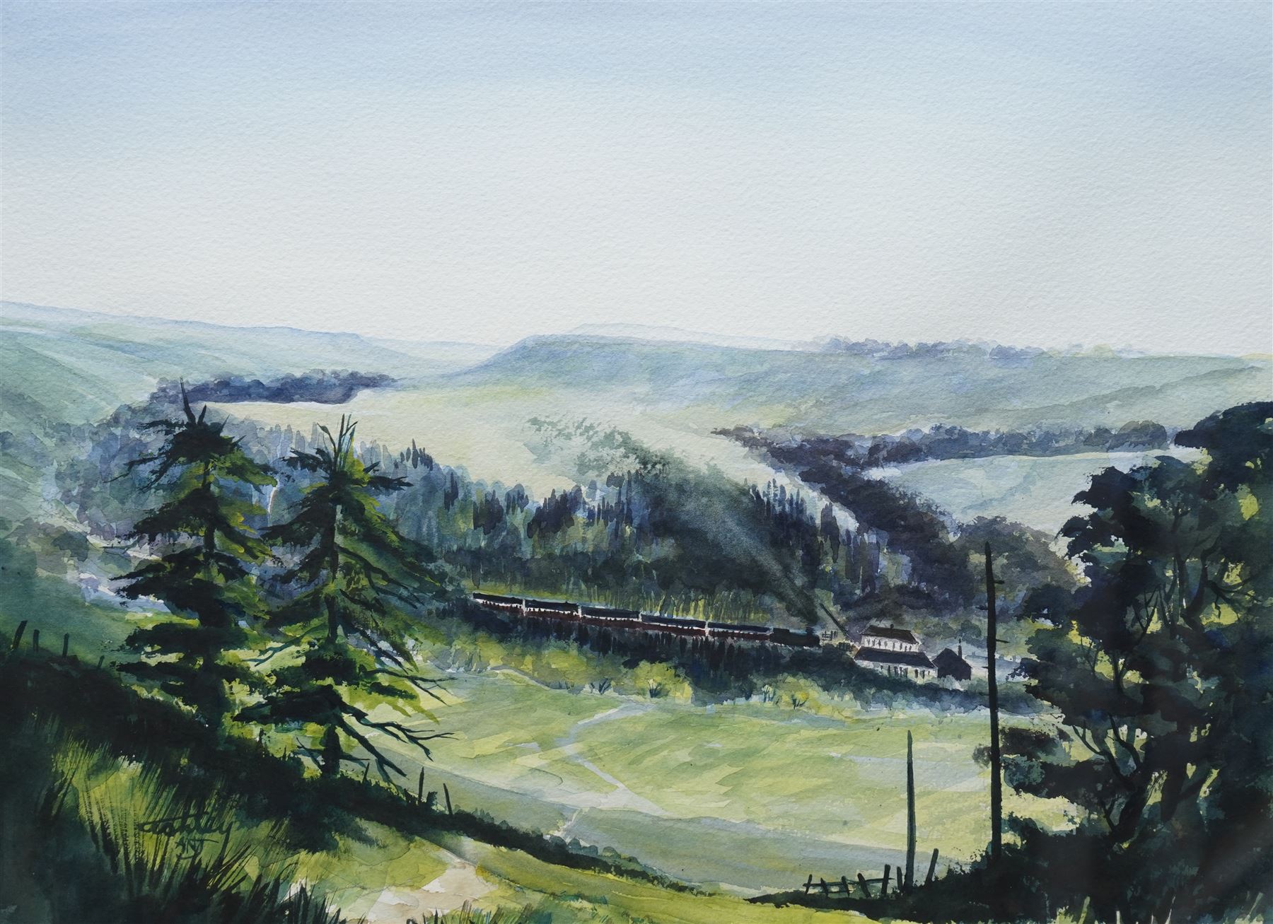 Ashley Jackson (Yorkshire 1940-): 'View over to Levisham - Vale of Pickering', watercolour signed, titled on accompanying certificate of authenticity 41cm x 55cm
Provenance: Purchased directly from the artist as part of his TV series 'A Brush with Ashley'