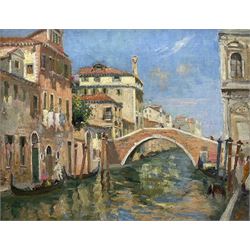 Attrib. Sir Winston Leonard Spencer Churchill (British 1874-1965): Ponte Cavallo and The Scuola Grande di San Marco - Venice, oil on canvas unsigned 33.5cm x 43cm 
Provenance: formerly the property of Sir Alfred James Munnings (1878-1959); by descent from the collection of Alfred Sage, Custodian of Castle House, Dedham (the artist's home from 1919 until his death and later opened as the Munnings Art Museum) in the 1980s, where acquired from Castle House. Churchill and Munnings were good friends, with the latter being a member of Churchill's dining society 'The Other Club'. Churchill visited and painted Venice multiple times; an autograph painting of the same scene dated 1951 was sold Sotheby's London 17th November 2015 Lot 19.