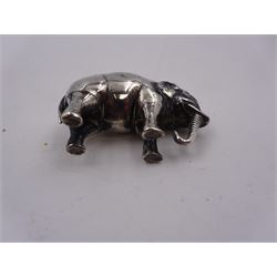 Edwardian silver mounted novelty pin cushion, in the form of an elephant, with cushioned back, hallmarked Birmingham 1906, maker's mark worn and indistinct, L4cm, H3.5cm