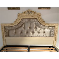 Barnini Oseo - super king 6' 'Reggenza' bedstead, the headboard with a pierced cartouche pediment with extending scrolling foliage, decorated with trailing gilt flower heads, upholstered in buttoned lilac velvet, raised on cabriole feet, in a cream finish