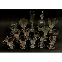 A group of drinking glasses, to include a number of 18th century style and later examples, one example with dual air twist stem.