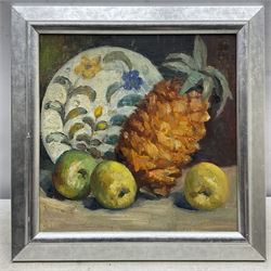 Continental School (Mid 20th Century): Pineapple and Plate Still Life, oil on board indistinctly signed 29cm x 29cm