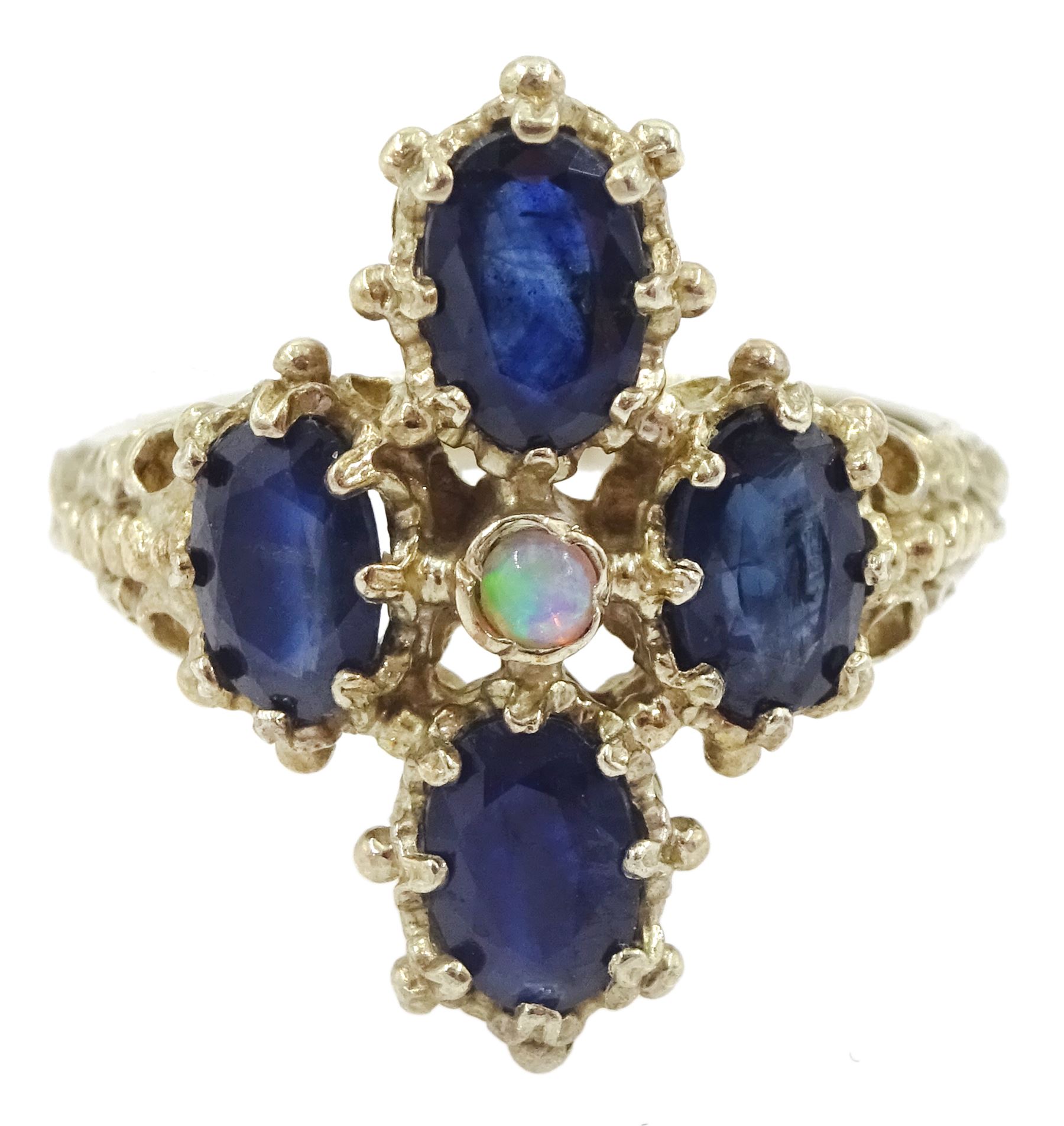 9ct gold four stone oval cut sapphire and opal ring, hallmarked