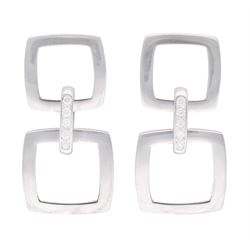 Pair of 18ct white gold round brilliant cut diamond, graduating square pendant stud earrings, hallmarked