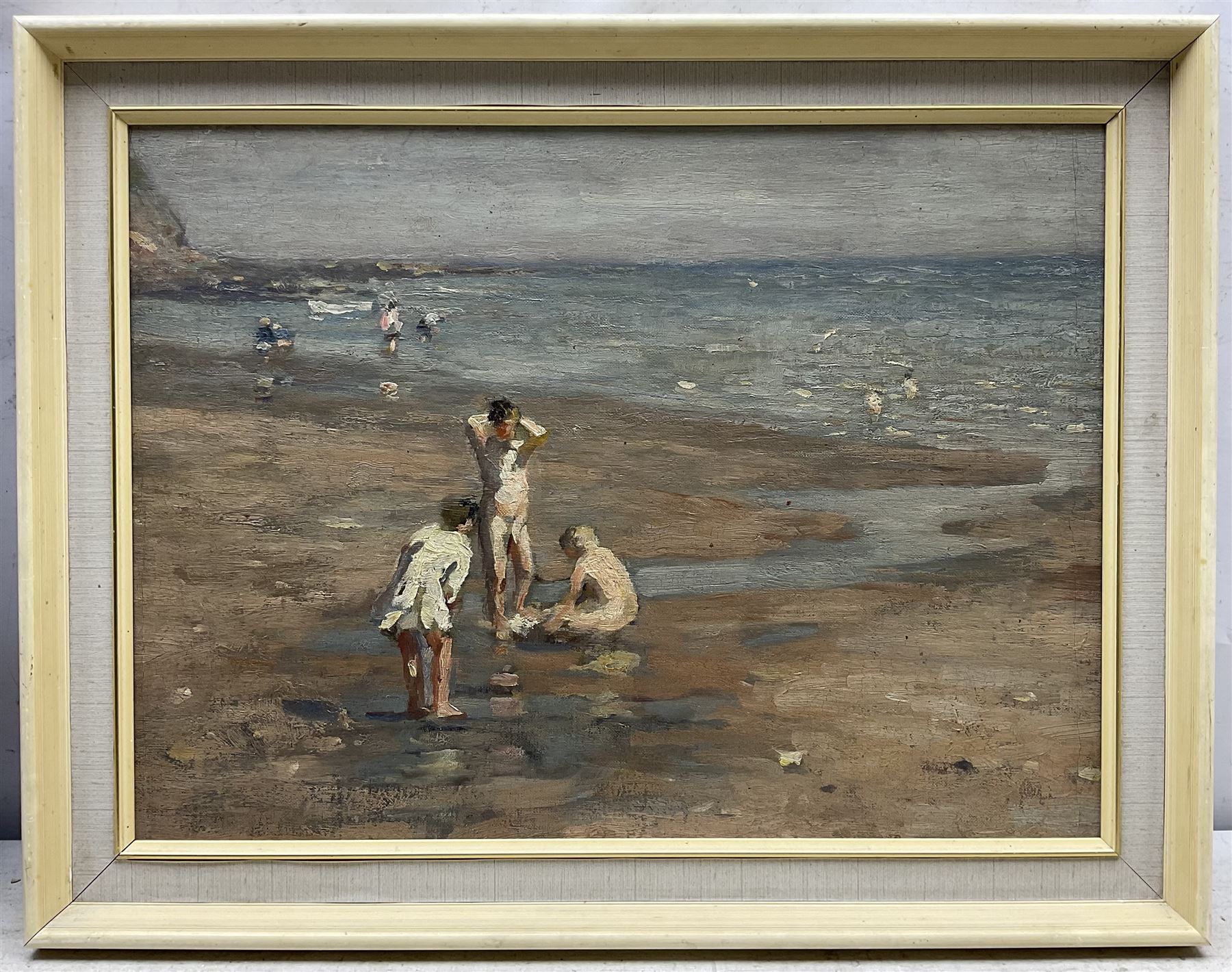 Frederick William Jackson (Staithes Group 1859-1918): Young Bathers on the Beach at Runswick Bay, oil on canvas laid on to panel unsigned 35cm x 47.5cm 
Provenance: letter of authentication by Dr Peter Phillips (1934-2012) of Phillips & Sons, Marlow dated 14th September 1978 verso