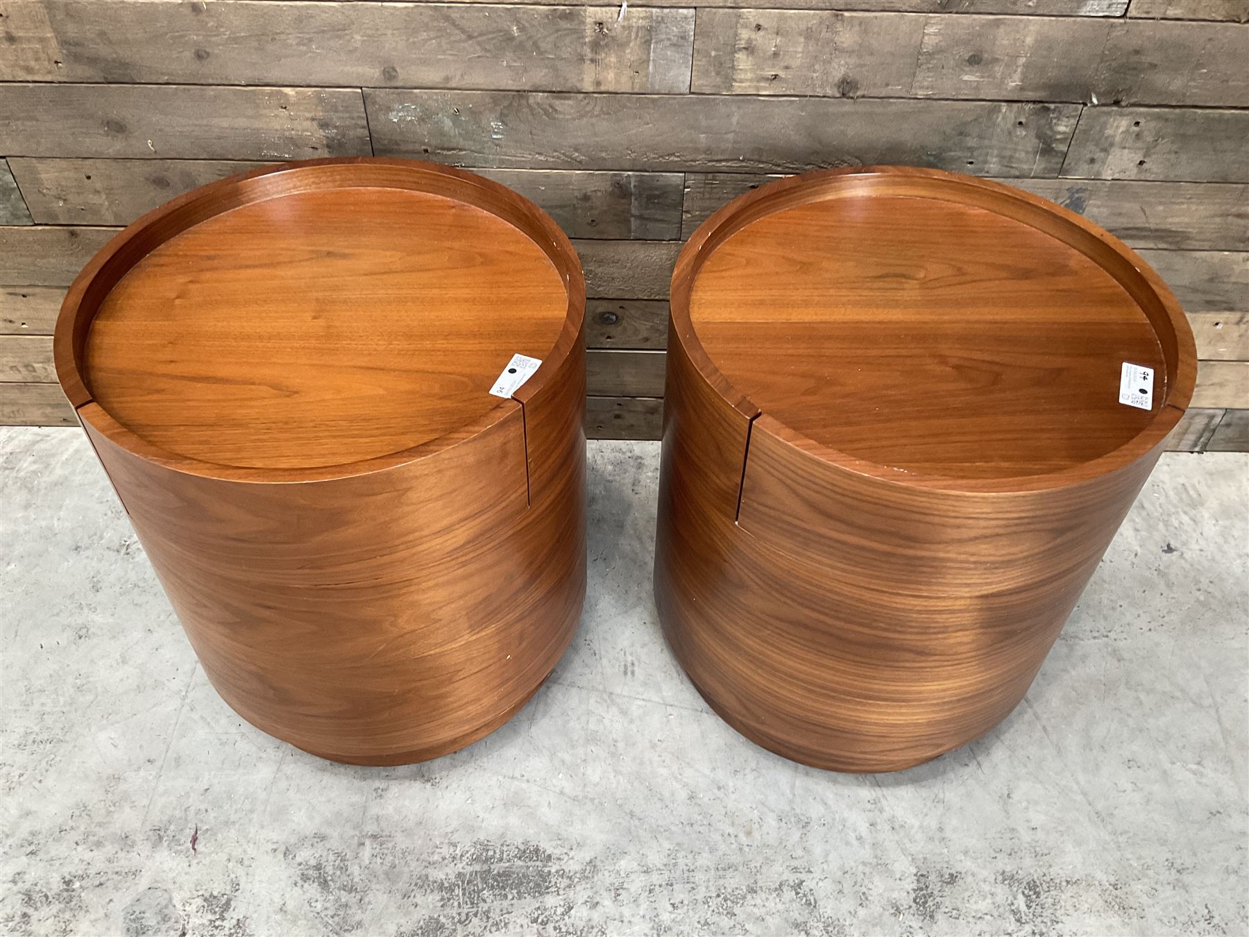 Pair of walnut circular barrel shaped lamp tables, fitted with single drawer