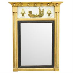 Regency giltwood pier mirror, projecting moulded cornice with ball mounts, the glazed frie...