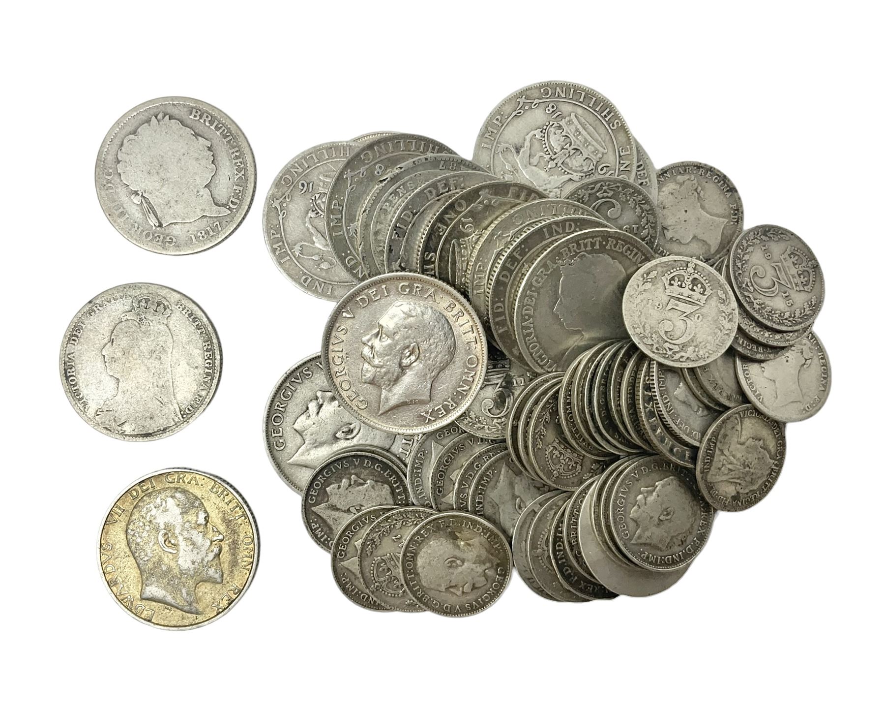 Approximately 145 grams of Great British pre 1920 silver coins, including one shillings, sixpences and threepence pieces 