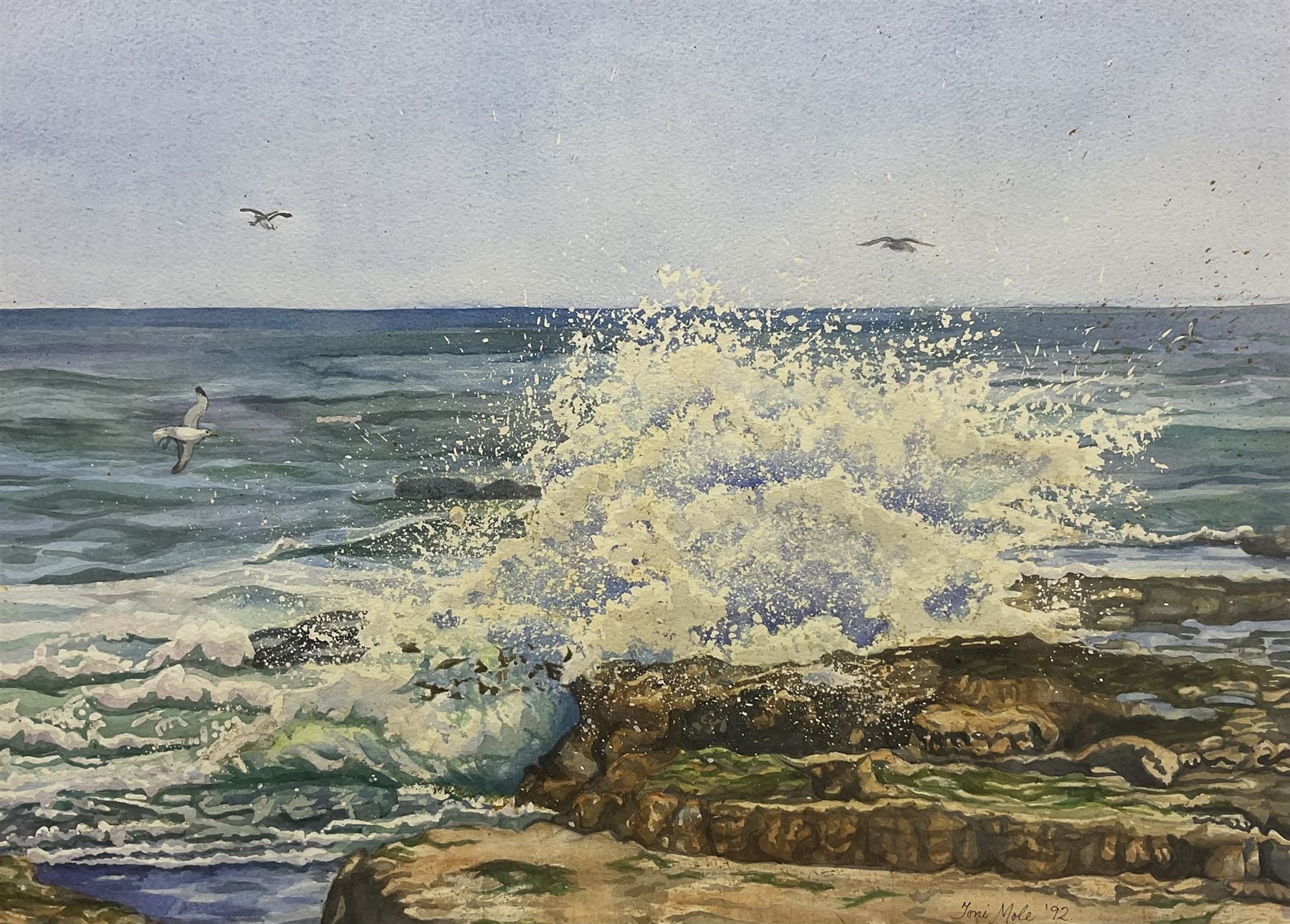 Toni Mole (British 20th Century): Waves Against the Rocks, watercolour signed and dated '92, 32cm x 44cm