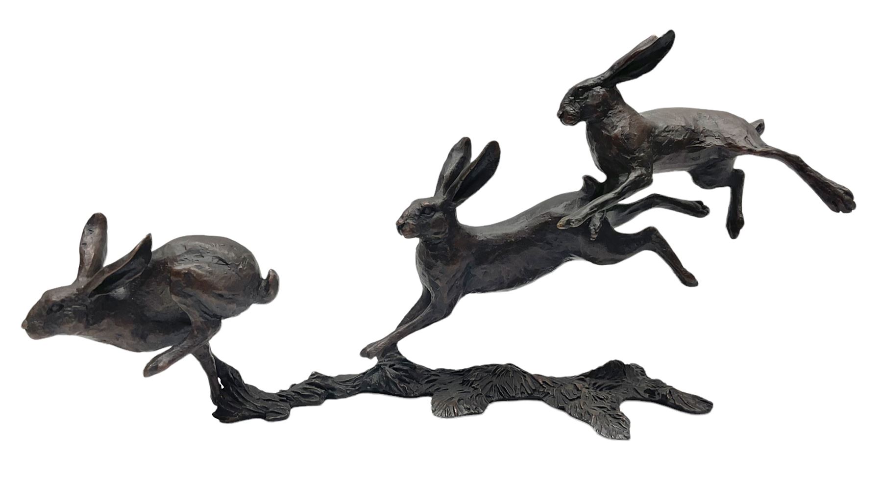 Michael Simpson: bronze Small Hares Running, modelled as three hares, limited edition 29/350, with certificate, H11cm 