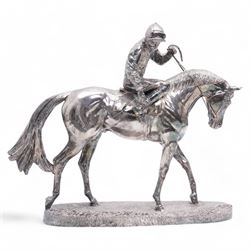 Elizabeth II silver racehorse and jockey, modelled by David Geenty, by Camelot Silverware, Sheffield 1995 (filled), on oval base modelled as turf, L34cm x H27cm