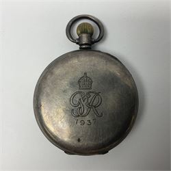 Early 20th century J.W Benson silver half hunter commemorative pocket watch, commemorating the coronation of King George VI, engraved verso with crowned GR VI cipher dated 1937, with white enamel Roman numeral dial and Arabic numeral subsidiary seconds dial, the silver case with blue enamel Roman numeral chapter ring surrounding glazed cover, hallmarked