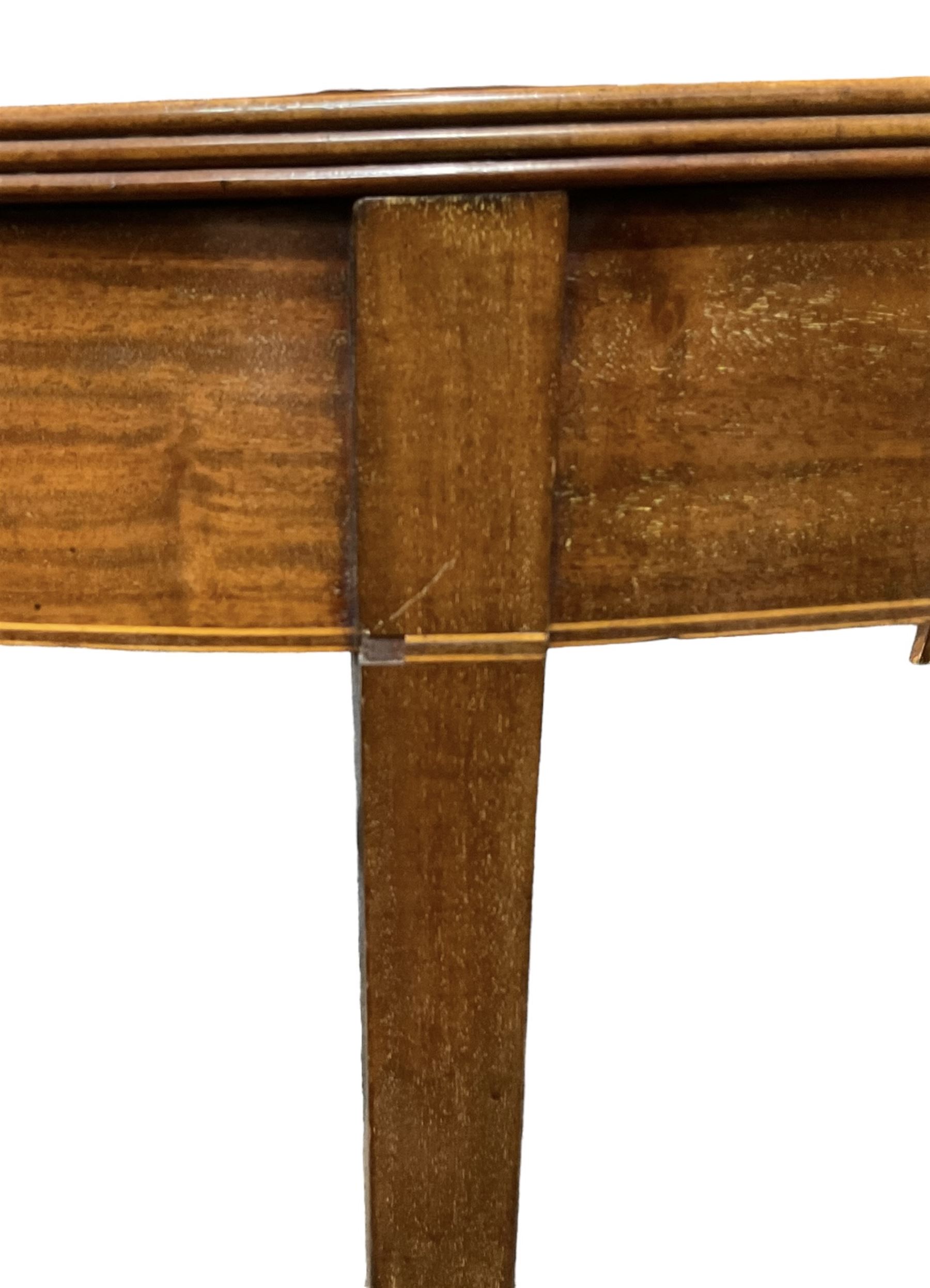 Pair of Georgian design mahogany D-end tables, reeded edge over banded frieze, on square tapering supports; with set of four (3+1) Hepplewhite design mahogany dining chairs, elaborately pierced and carved splat with festoons over dished seat, on fluted supports (W63cm H98cm)