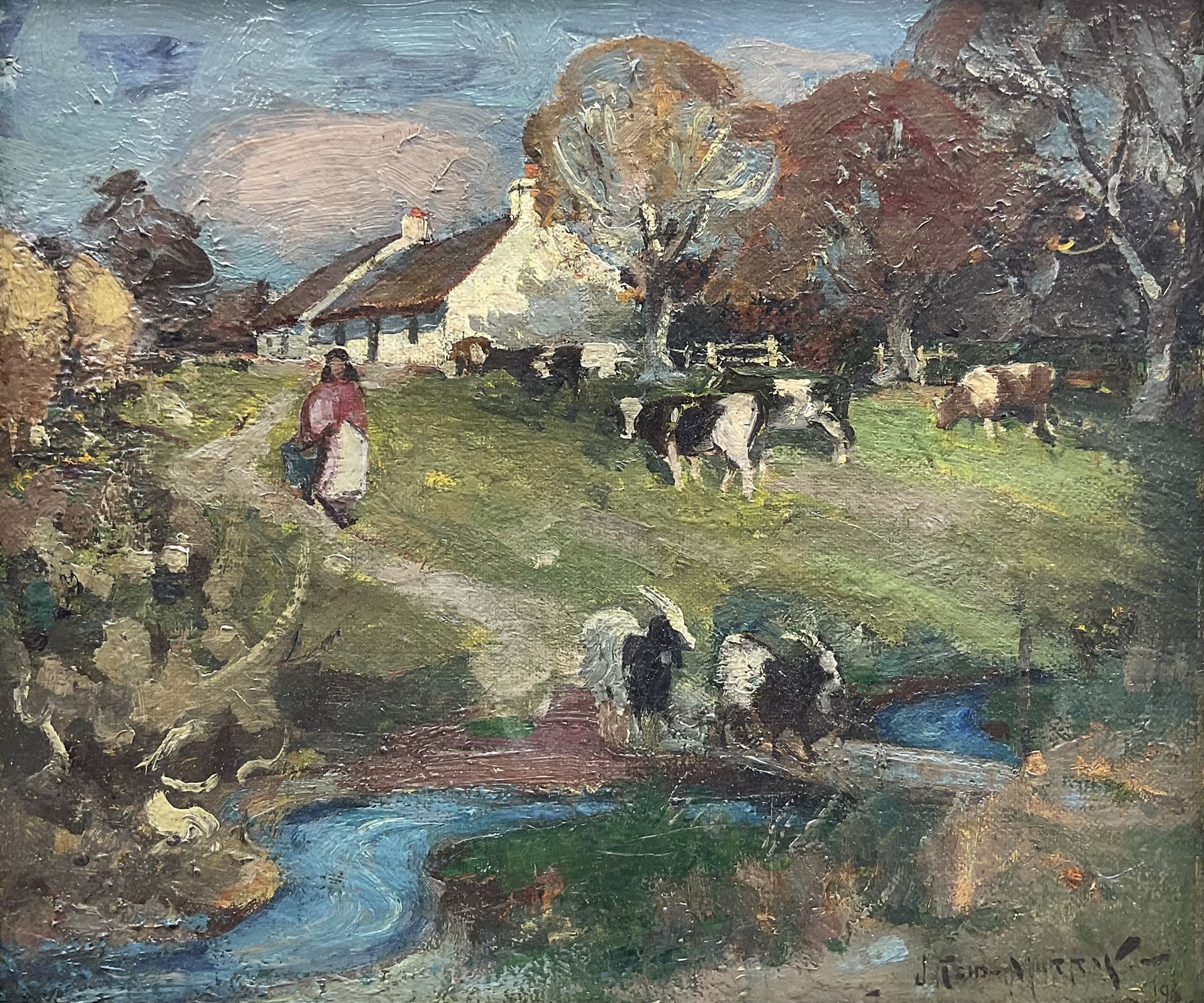 John Reid Murray (British 1861-1906): Goats and Cows at the Riverside, oil on canvas signed and dated '96, 30cm x 35cm