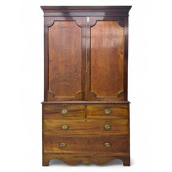 George III mahogany linen press cupboard, projecting moulded cornice over two panelled doo...