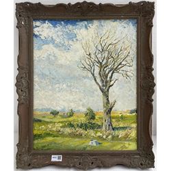 Edward W Magnay (20th century French): 'Temporary Tree', oil on board, signed and dated '71, 49cm x 39cm