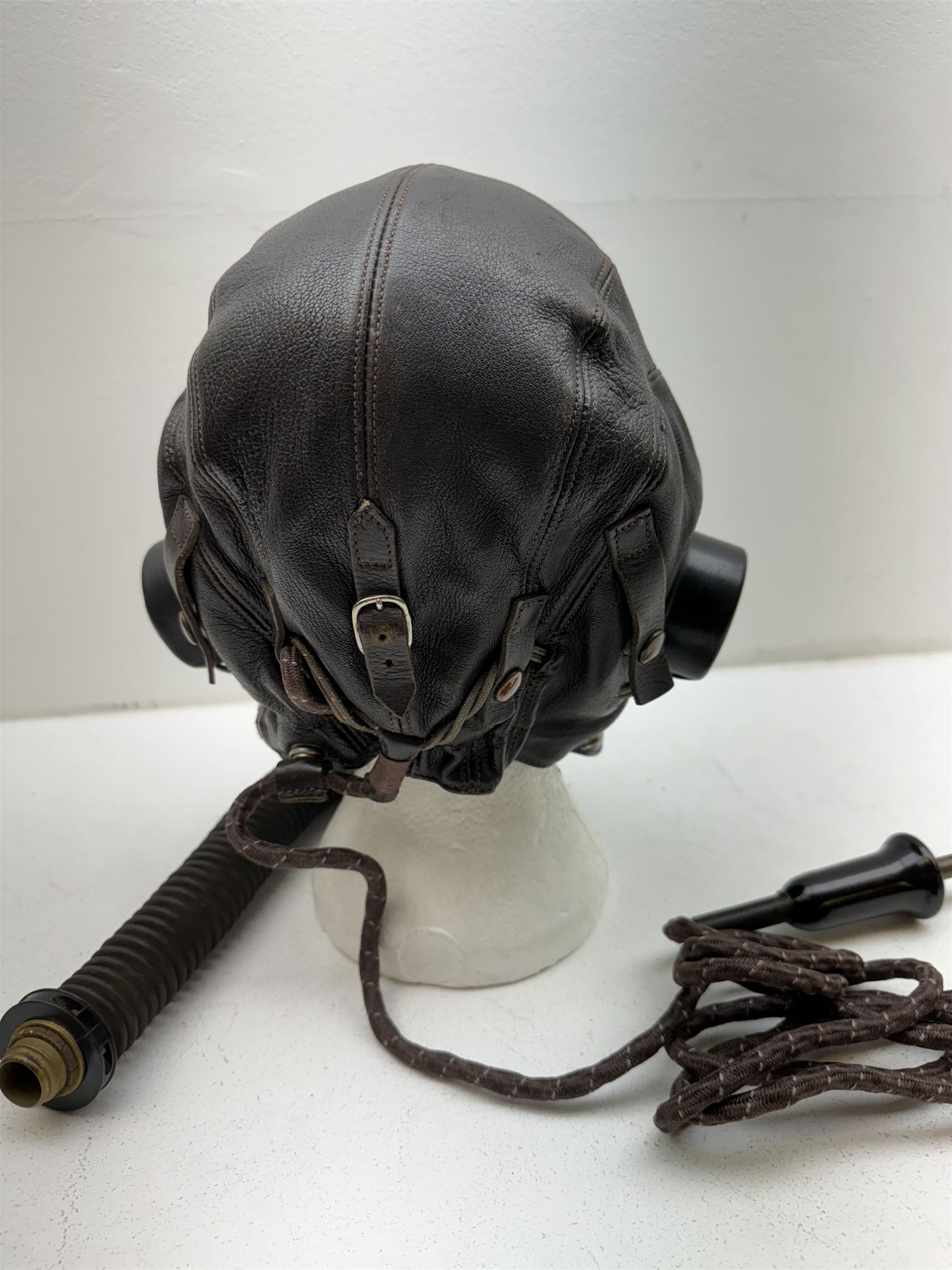 British RAF Flying Helmet complete with AM marked headphones and wiring loom with jack plug, with oxygen mask 