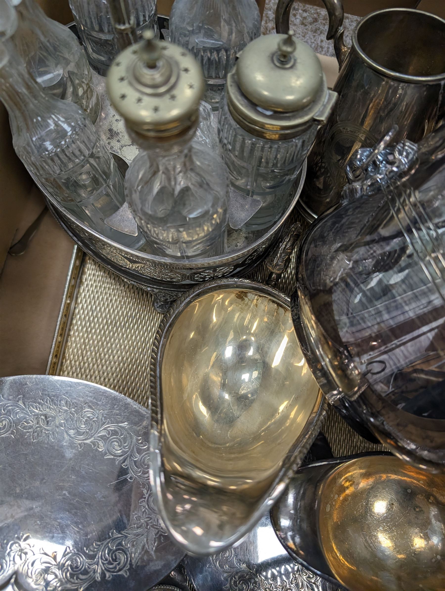 Silver spoon, hallmarked and a collection of silver plate, including tray, cut glass cruet set, Vogel ice bucket, etc