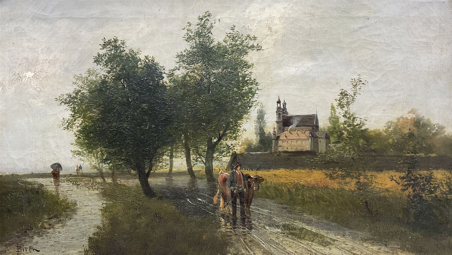 J Biron (Continental 20th century): Figure Leading Cow in Dutch Landscape, oil on canvas signed 30cm x 52cm